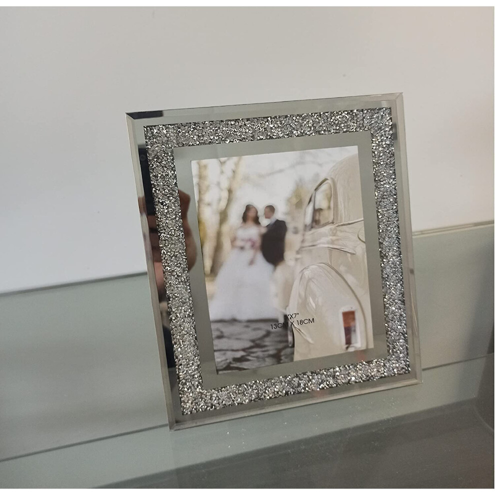 (7x5 inch) Crushed crystals photo frame silver mirrored