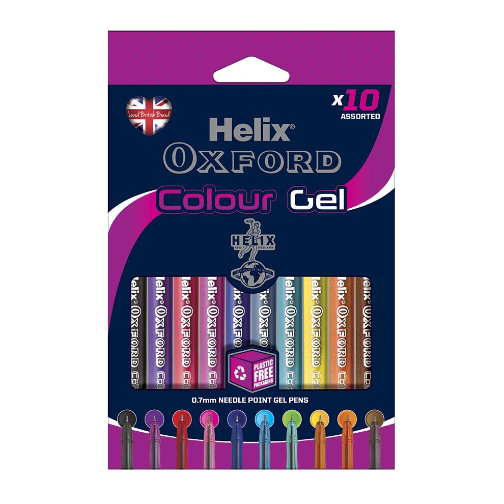 Helix Oxford Colour Gel Pens (x10 Pack Assorted Colours) with Plastic Free Packaging