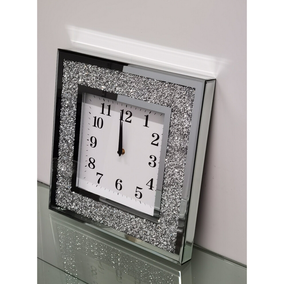 Biznest 40X40cm New English Number With Wall Clock Square Crushed Diamante