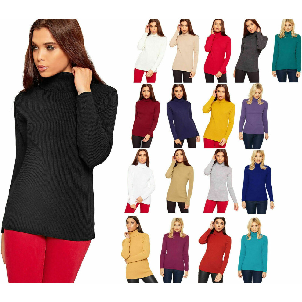 (Purple, ML 12-14) Ladies Womens Ribbed Polo High roll Neck Long Sleeve Jumper (UK 8-26)