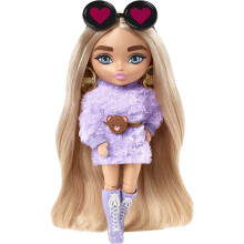 Barbie Extra Minis Puppe #4 (14 cm) mit flauschiger lila Mode, Standfuß & Zubehör