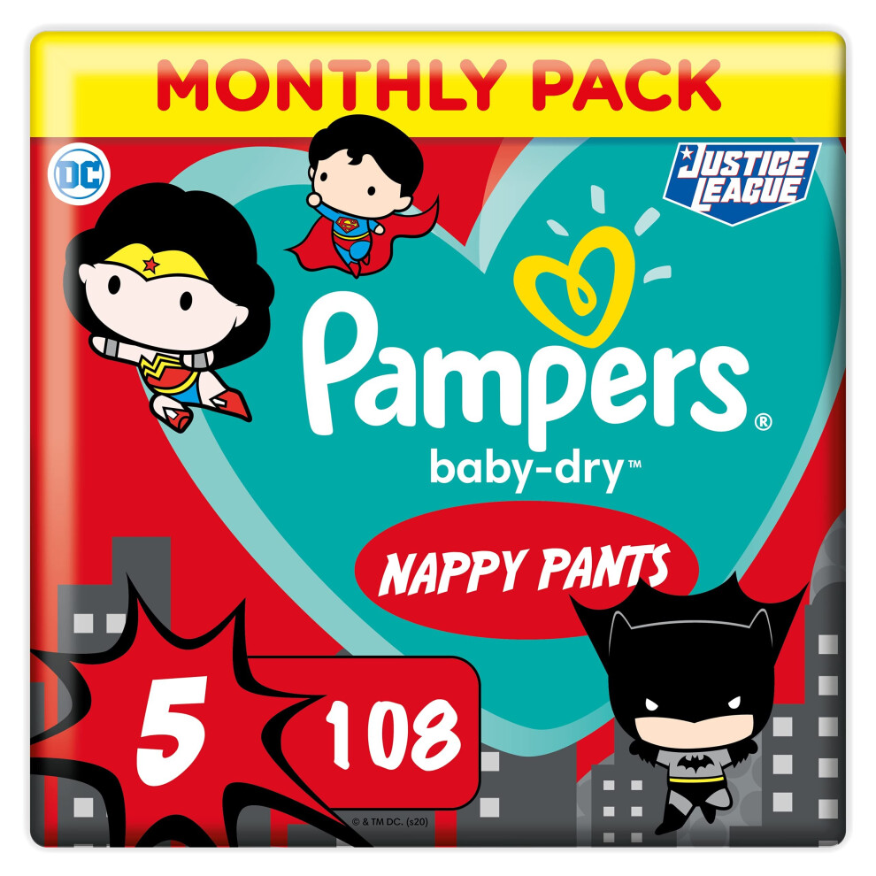 Pampers Baby Nappy Pants Size 5 (12-17 Kg/26-37 Lb), Baby-Dry Superhero, 108 Count, Monthly Savings Pack, Easy-Up Pull On Nappies