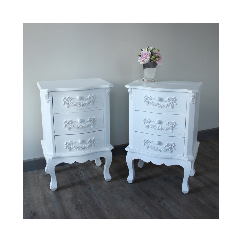 White bedroom furniture, Pair of Antique White 3 Drawer Bedside Table - Pays Blanc Range