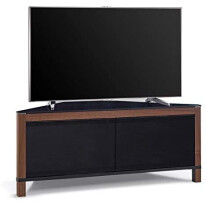 MDA Designs Volans Remote-Friendly Beam-Thru Corner TV Cabinet with Interchangeable Black/Walnut Panels, 2-Door Glass Front
