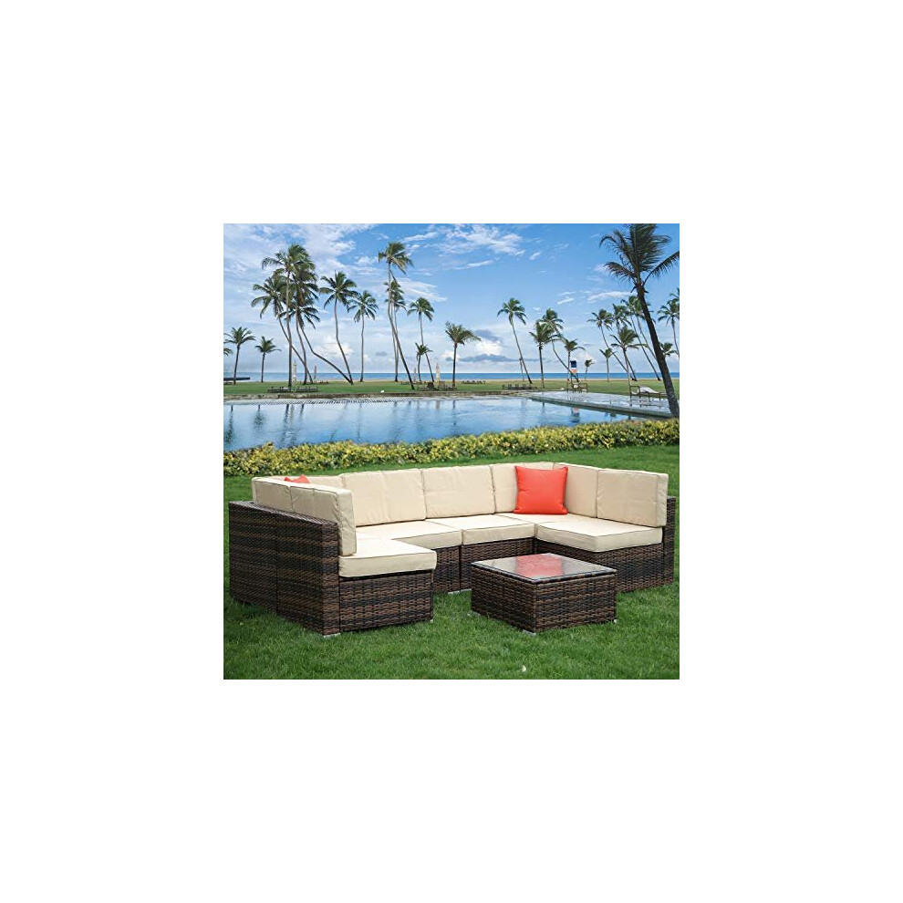 bigzzia 6 Seater Garden Furniture Set, Patio Rattan Dining Table Set Wicker Weave Corner Sofa Seat Glass Coffee Table Conversation Set With Cushions a