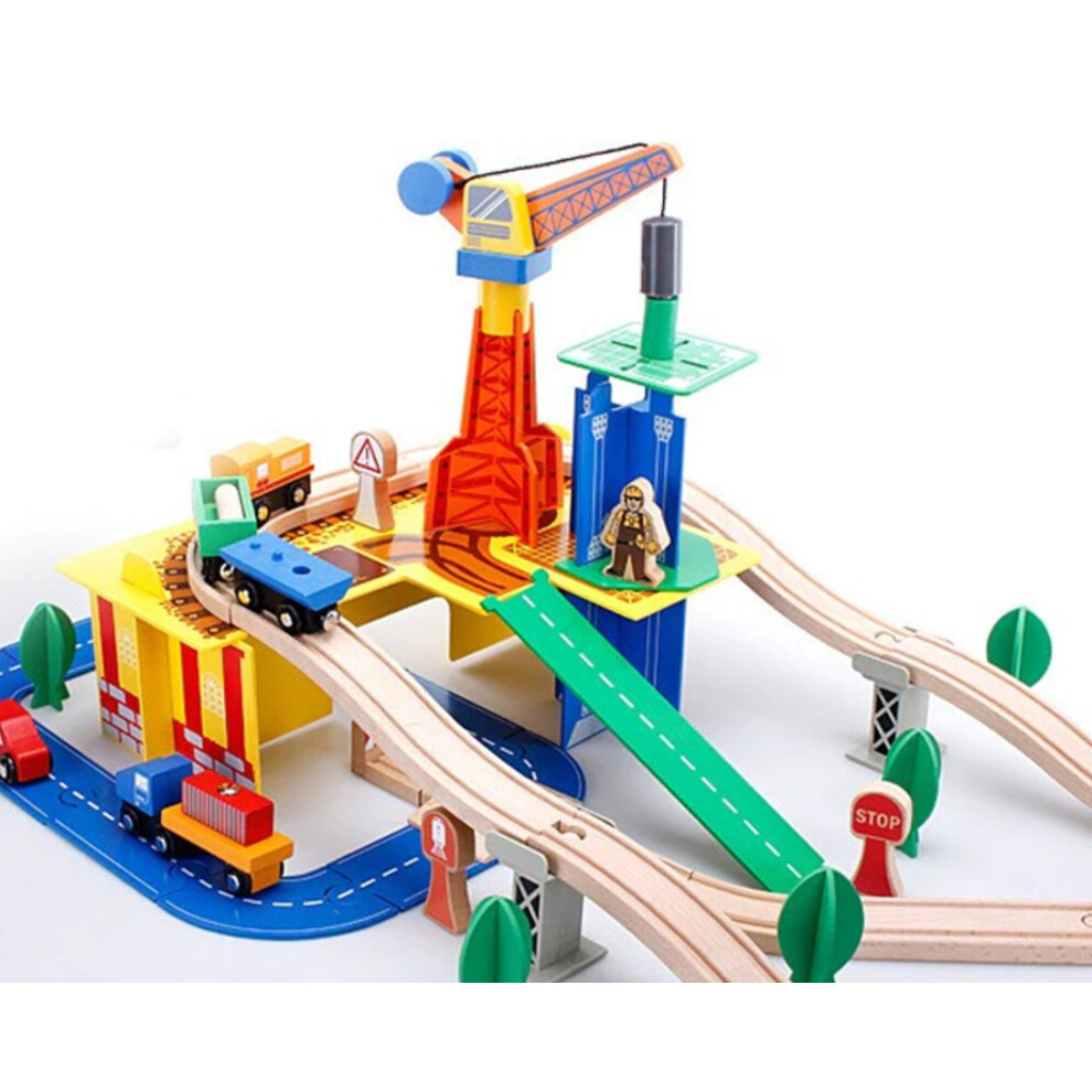 Wood 80 Pcs Crane Train Set Railway Track Toy Brio Bigjigs Compatible