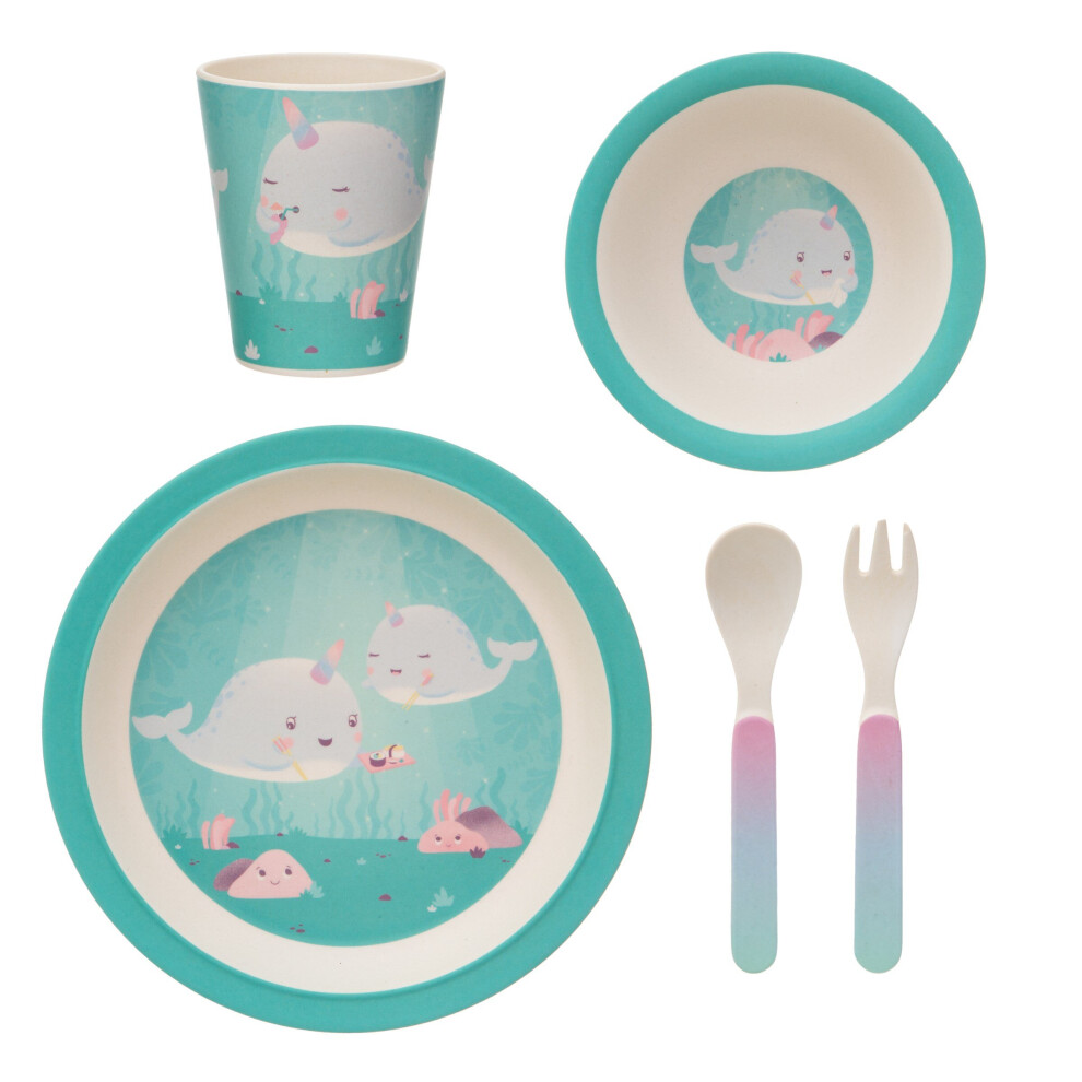 Alma Narwhal Bamboo Tableware Set – Plates, Bowl, Cup & Cutlery In Sorbet Blues Sass & Belle