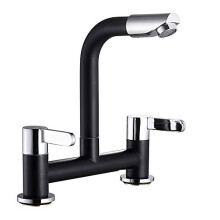 Ghopy Dual Lever Kitchen taps Mixers 2 Hole Deck Mounted Cold and Hot Mixer Tap Modern 360 Swivel Spout Brass Basin Black Faucet with UK Standard
