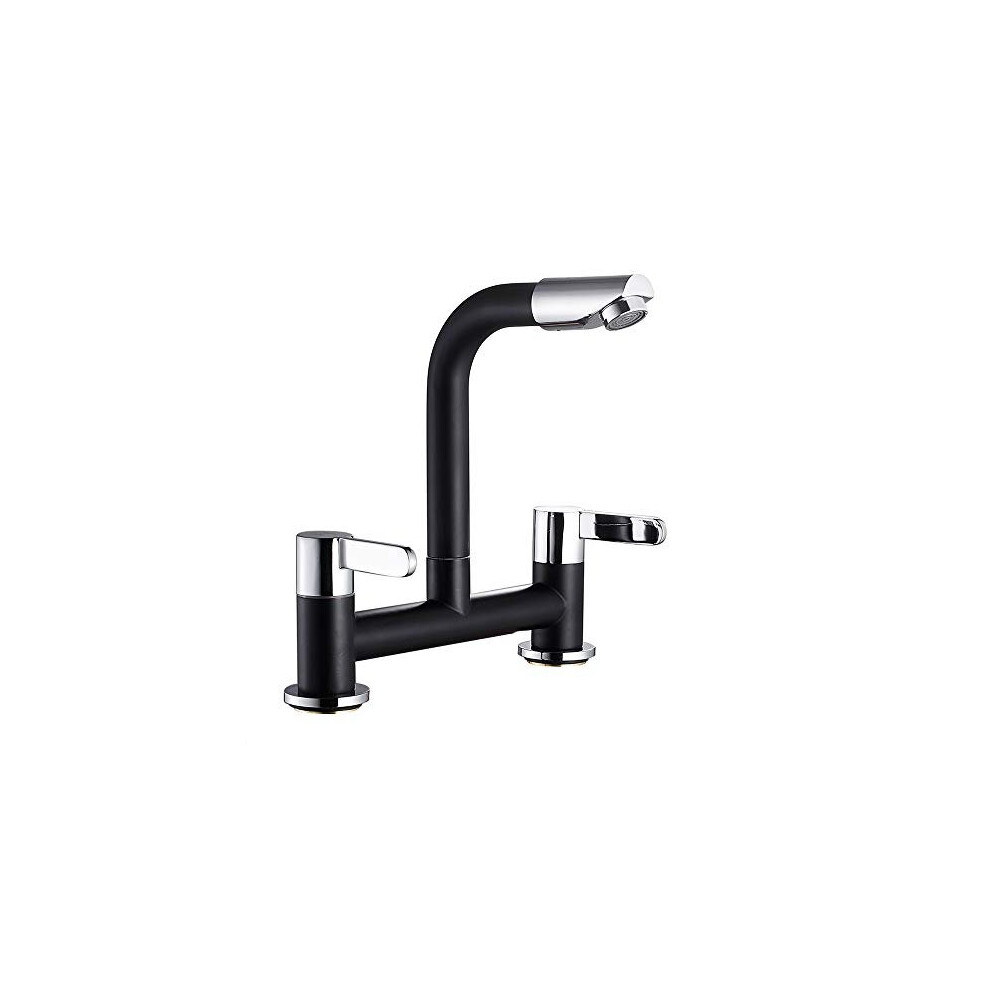 Ghopy Dual Lever Kitchen taps Mixers 2 Hole Deck Mounted Cold and Hot Mixer Tap Modern 360 Swivel Spout Brass Basin Black Faucet with UK Standard
