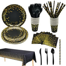 201PCS Black Gold Theme Party Supply Set,CEILIWEN Party Tableware Include Plate,Cup,Straw,Tablecloth,Napkin,Fork,Knife,Spoon,Party Dinnerware Set for