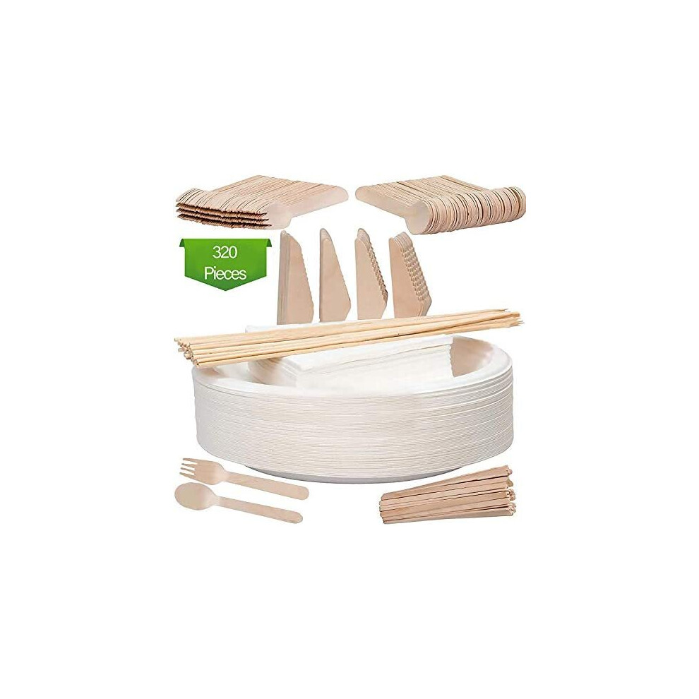 50 Guests Disposable Tableware Set Bundle Biodegradeable 50 Plate 50 Fork 50 Knife 50 Spoon 50 Napkin 50 Skewer 20 Coffee Stick Wooden Microwaveable S