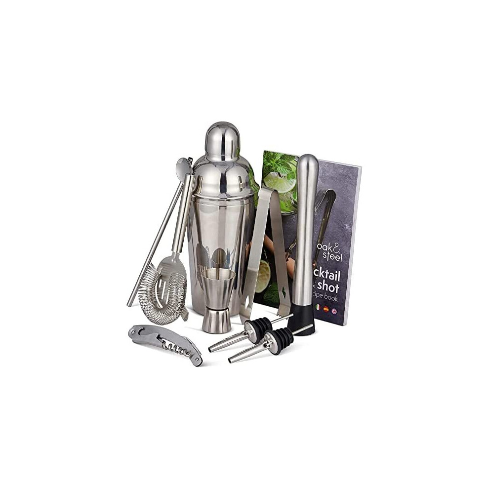 Oak & Steel - 10pc Stainless Steel Cocktail Making Set & Recipe Book