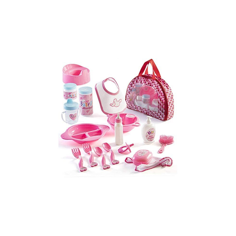 Prextex 18 Piece My First Baby Doll Accessory Set in Zippered Carrying Case - Doll Feeding Toys, Fashion and Bath Accessories for Babies and Toddlers
