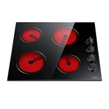 Ceramic Hob 4 Zones Built in Electric Hob with Knobs 6000W Ceramic Hob 60cm with Non-abrasive Black Glass Auto Switch off Safety