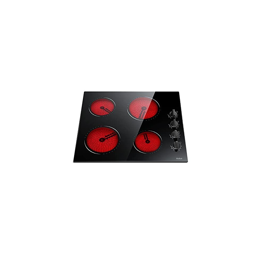 Ceramic Hob 4 Zones Built in Electric Hob with Knobs 6000W Ceramic Hob 60cm with Non-abrasive Black Glass Auto Switch off Safety