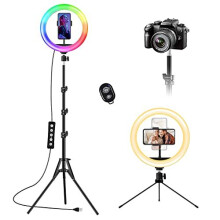 10-Inch USB Ring Light with Tripod Stand & Phone Holder - 21 RGB Colors, Remote, Desk/Floor Use, Perfect for Live Streaming Mak