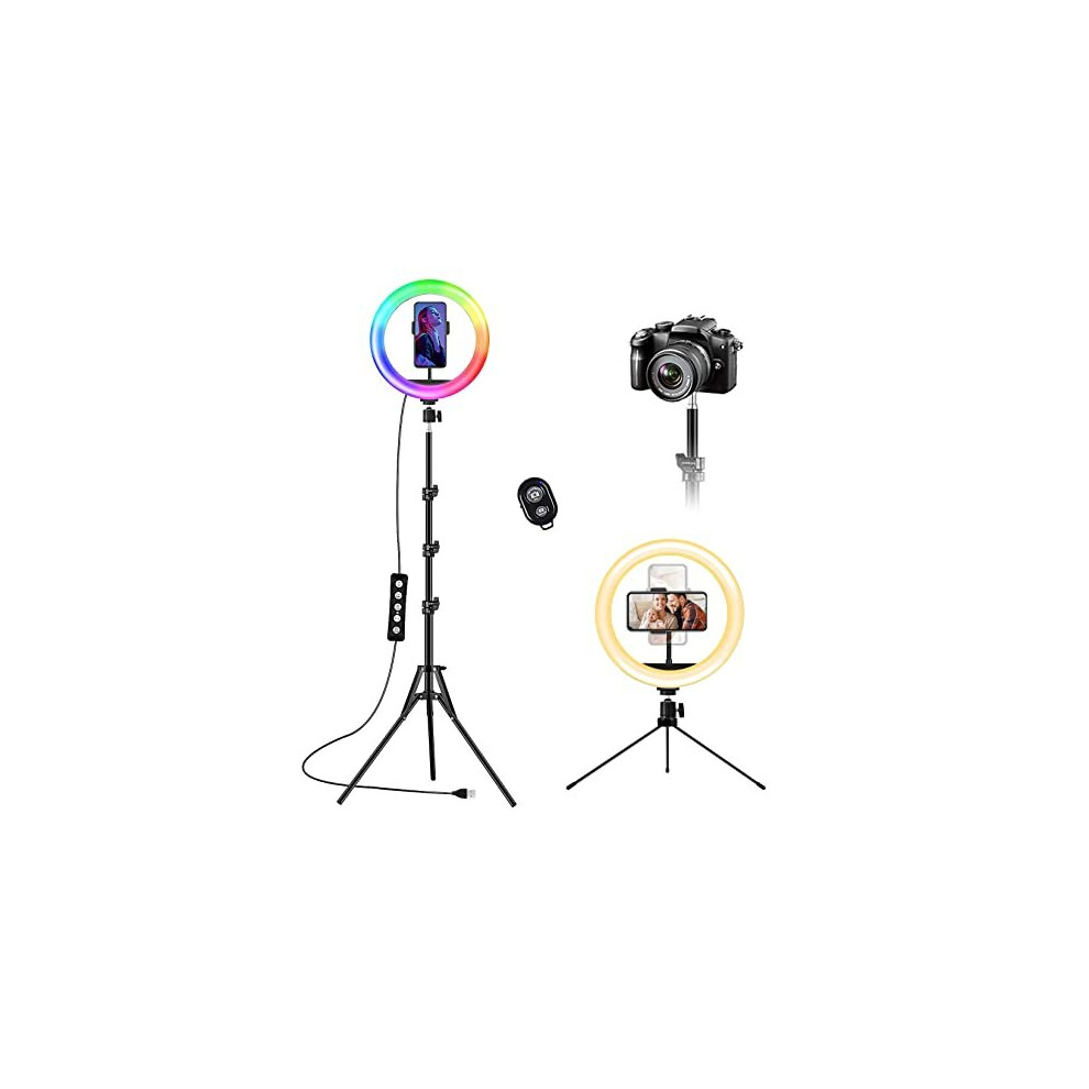 10 inch Selfie Ring Light with Tripod Stand & Phone Holder, LED Desk/Floor Ring Lights, 21 Colors RGB Circle Light with Remote for Live Streaming, Mak