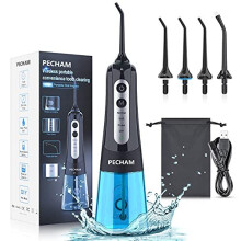 Upgraded Cordless Water Flosser for Teeth, PECHAM Portable Oral Irrigator IPX7 Waterproof 300ML DIY & 3 Modes 4 Jet Tips and Tongue Cleaner Help
