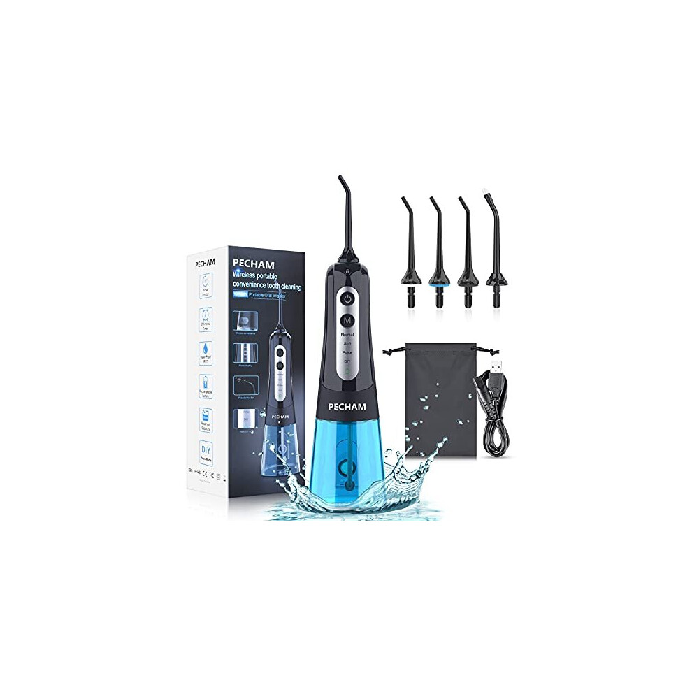 Upgraded Cordless Water Flosser for Teeth, PECHAM Portable Oral Irrigator IPX7 Waterproof 300ML DIY & 3 Modes 4 Jet Tips and Tongue Cleaner Help