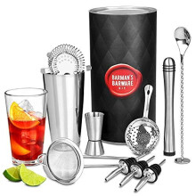 2 barman's barware kit Premium with Boston tin & Glass, Jigger Measure, Muddler, Twisted Mixing Spoon, Pourers, Hawthorne Strainer,