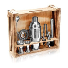 PAVOCI Cocktail Making Set 11-Piece Cocktail Shakers Bartender Kit Premium Stainless Steel Cocktail Maker with Wooden Stand and Accessories I