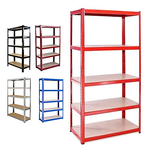 Heavy-Duty 5-Tier Boltless Metal Garage Shelving Unit, Freestanding 180x90x40 cm, Red - 875 kg Total Capacity, Split into Two Workbenches