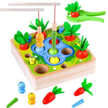 Medoga Montessori 3-in-1 Magnetic Wooden Toy Carrot Harvest, Shape & Size Matching, Fishing & Worm-Catching for Toddlers 3-5 Years Fine Motor Skills
