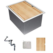 KORVO Workstation Ledge Kitchen Sink, Handmade with 1.2mm SUS304 Stainless Steel, Single Bowl, Bamboo Cutting Board, 37 x 48 x 25 cm