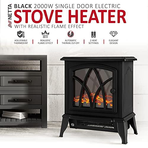 NETTA NETTA 2000W Stove Heater Fireplace with Flame Effect - Black 1
