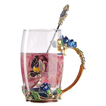 HUISHENG Enamels Butterfly Flower Tea Cup Sets, Glass Coffee Mugs, Valentines Mother's Day Christmas Gifts for Women Wife Mum Her Grandma Girls Teache
