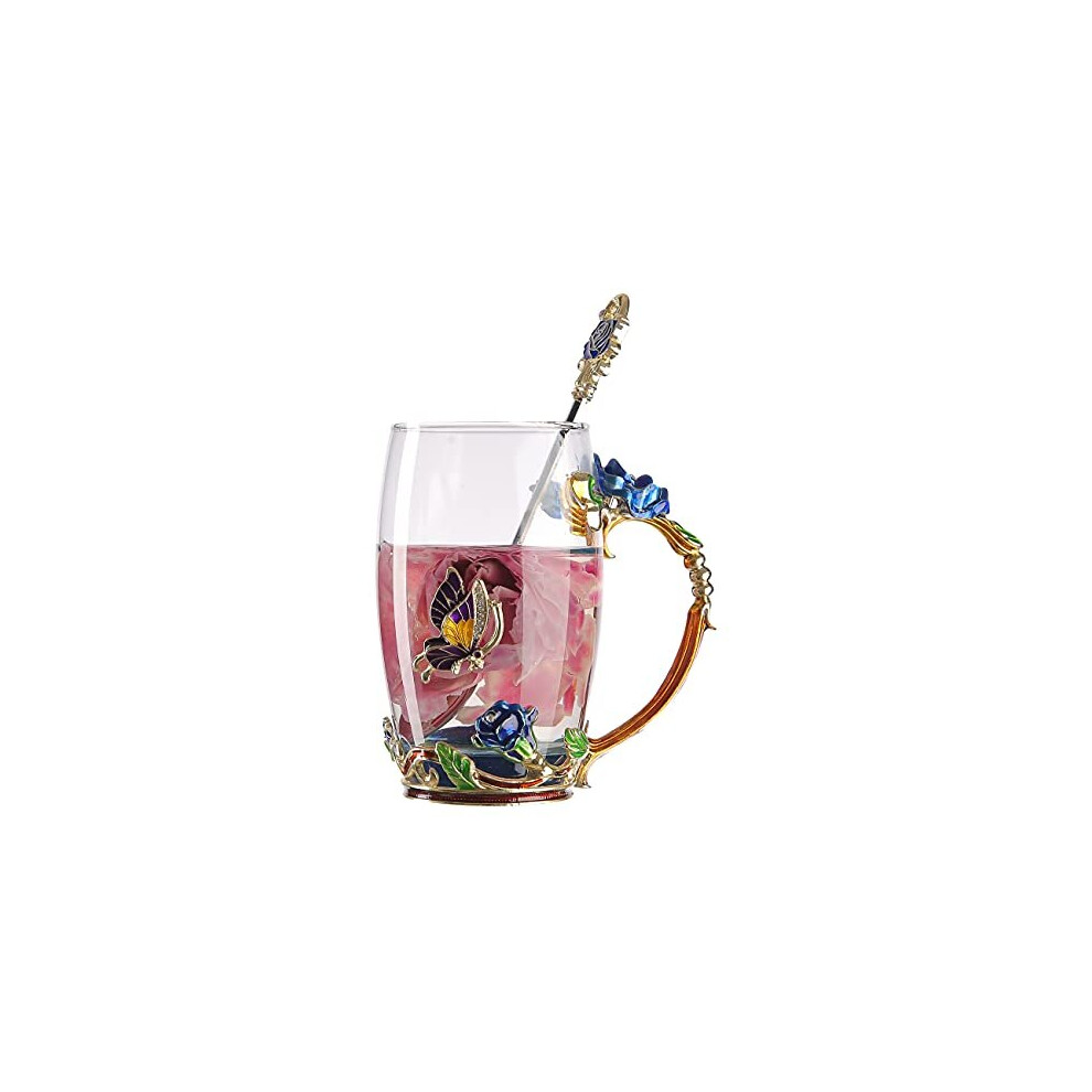 HUISHENG Enamels Butterfly Flower Tea Cup Sets, Glass Coffee Mugs, Valentines Mother's Day Christmas Gifts for Women Wife Mum Her Grandma Girls Teache