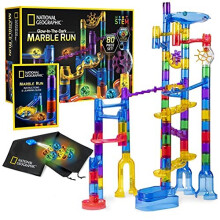 National Geographic Glowing Marble Run 80 Piece Construction Set with 15 Glow in the Dark Glass Marbles, Mesh Storage Bag & Marble Pouch, Great Crea