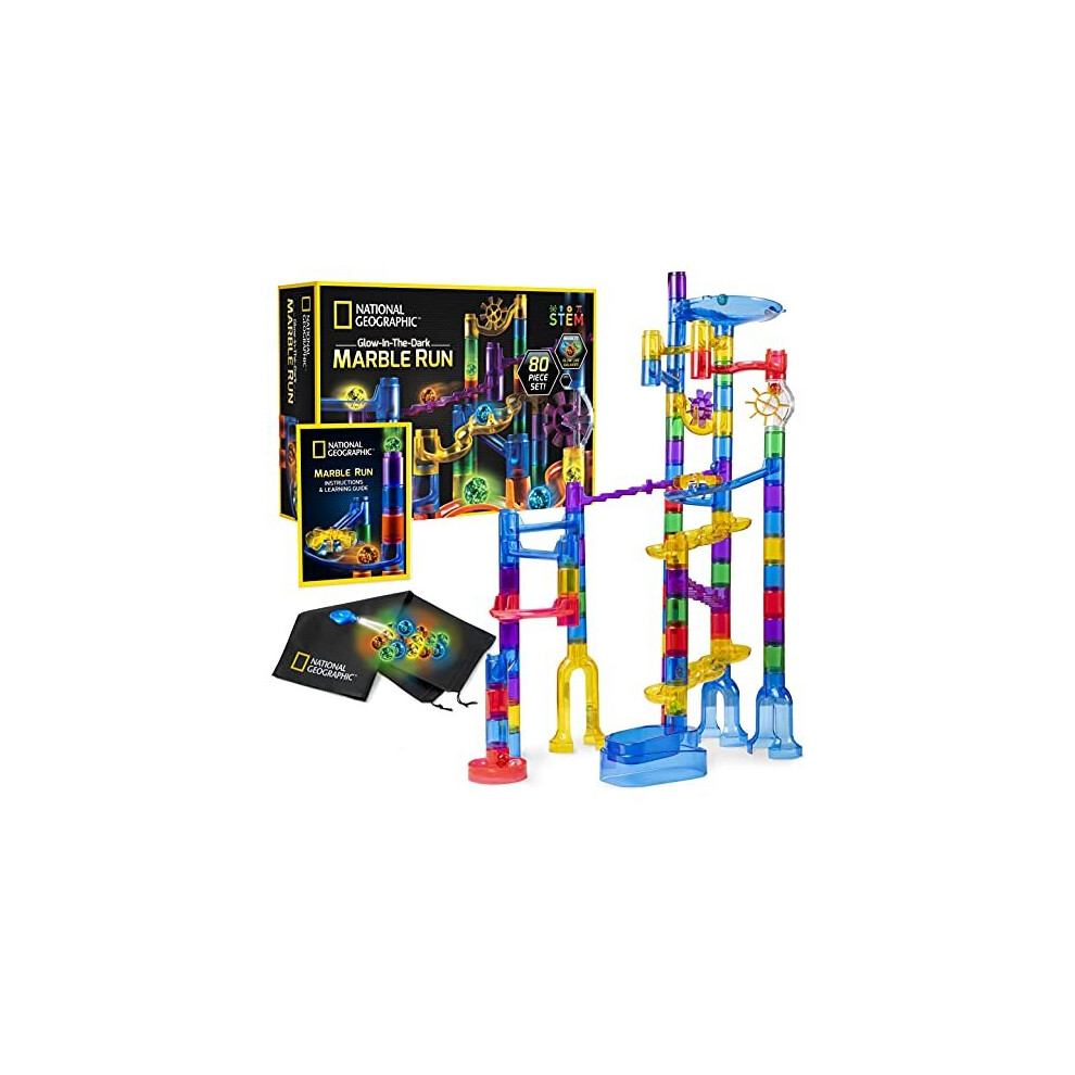 National Geographic Glowing Marble Run  80 Piece Construction Set with 15 Glow in the Dark Glass Marbles, Mesh Storage Bag & Marble Pouch, Great Crea