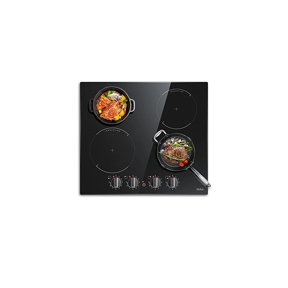 Induction Hob Black Glass Electric Cooktop Built-in 4 Zone Electric Hob With Knob 60cm