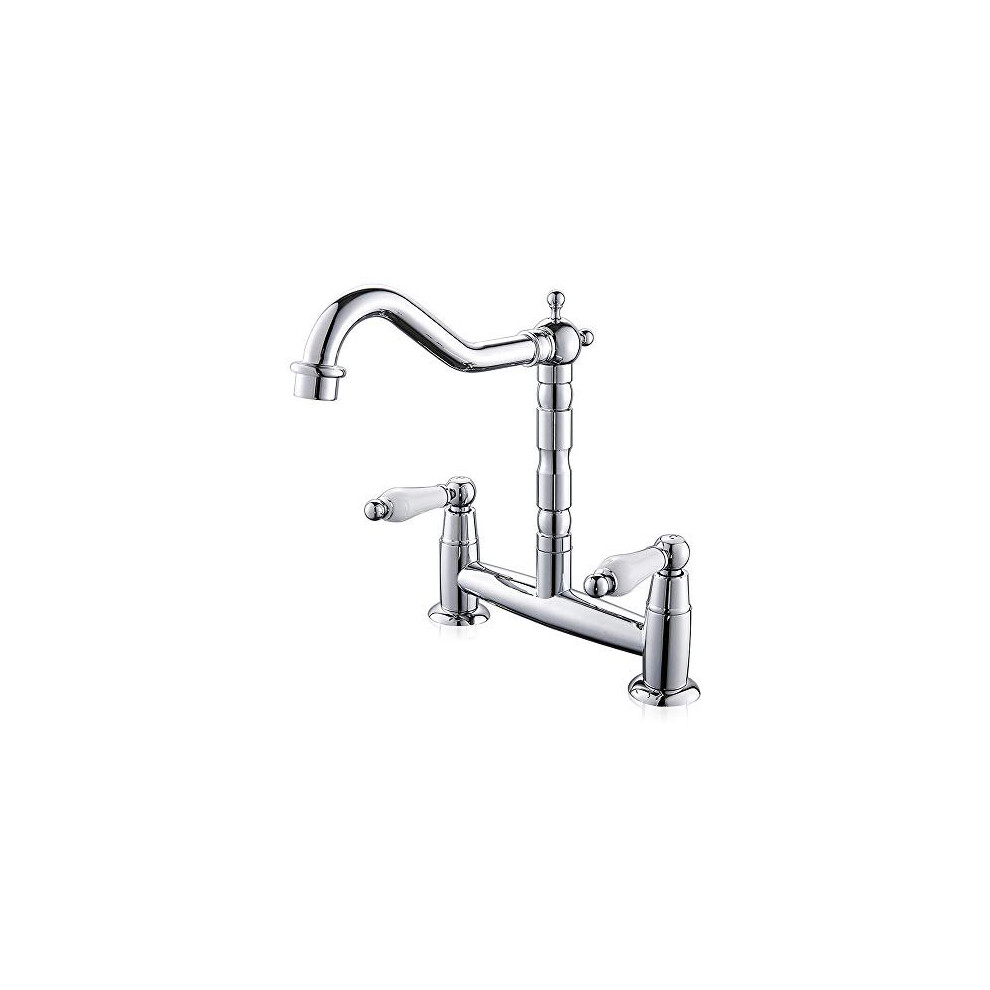 Ghopy 2 Hole Kitchen Sink Mixer Tap Traditional Deck Mounted Chrome Swivel Spout Brass Bridge Tap