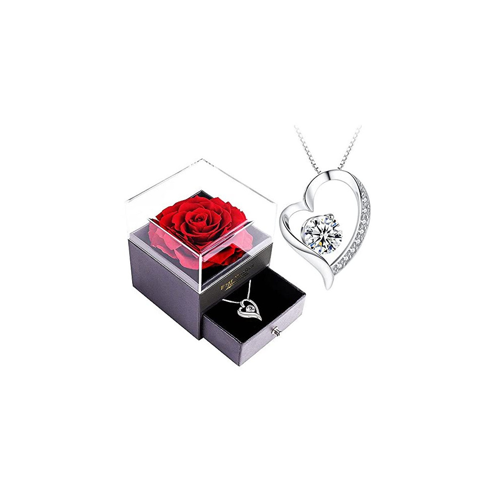 Forever Red Rose Gift Box with Necklace-Real Eternal Rose with 925 Sterling Silver Women Necklace Inside,Enchanted Real Rose Flower Gift for her on Ch