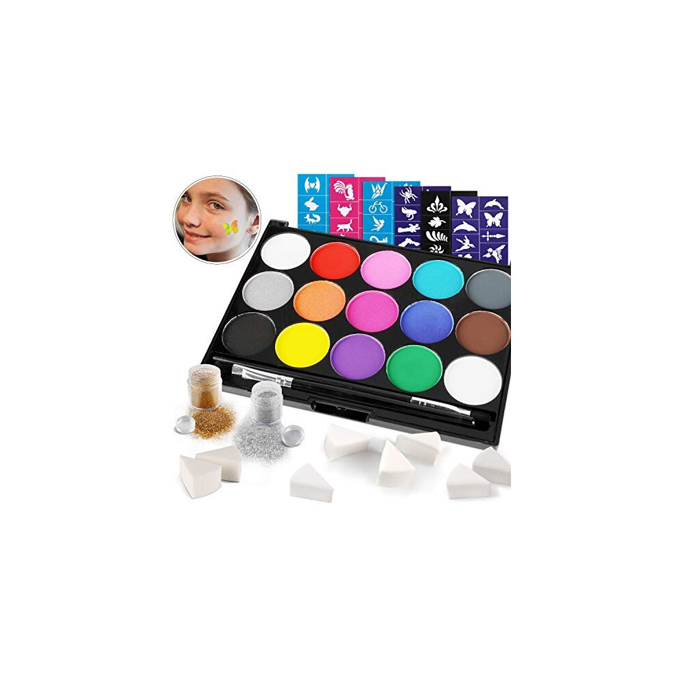 HOWAF Body Painting Face Paint Kit, 15 Color Non-Toxic Professional Palette, 60 Stencils, 2 Brushes, 8 Sponges, 2 Glitters for Halloween Party Colspla