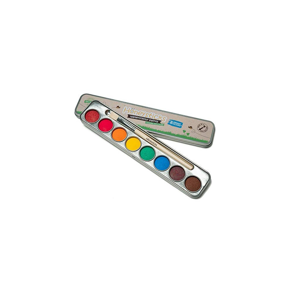 Honeysticks Non Toxic Watercolour Paint Set for Kids and Toddlers - 8 Vibrant and Long Lasting Colours with Brush - Natural and Food Grade Ingredients
