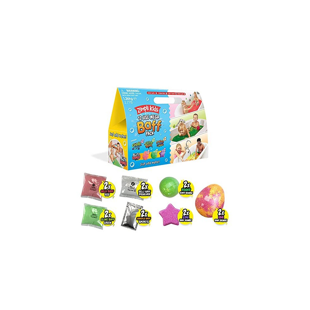 12 Use Mega Value Baff Pack, 6 x Bath Bombs,2 x Gelli Baff, 2 x Slime Baff & 2 x Crackle Baff, Children's Value Sensory Bath Toy Gift Set Birthday and