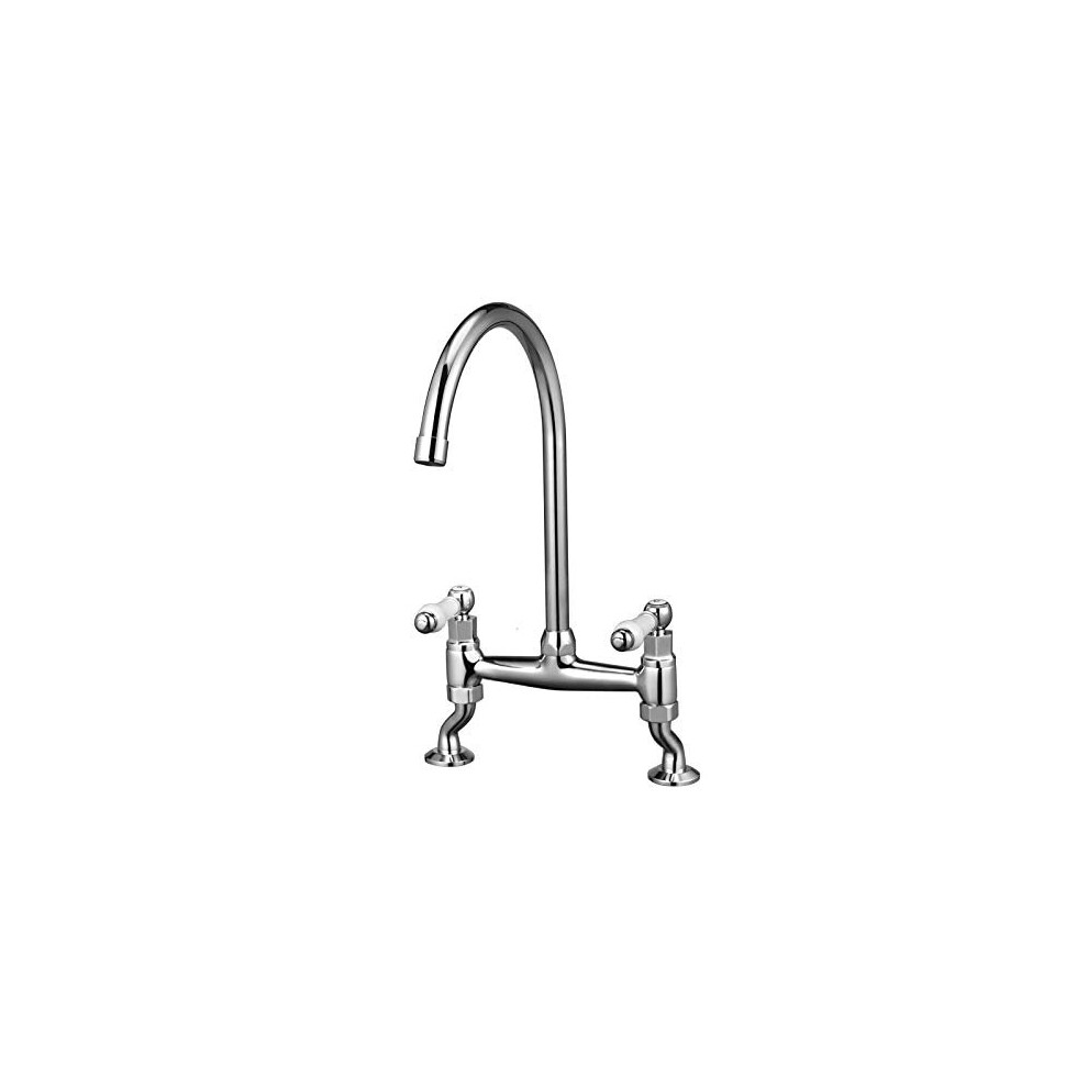 Traditional Kitchen Sink Bridge Mixer Tap Dual Ceramic White Handle Monobloc Tap Swivel Spout Chrome 764560114125