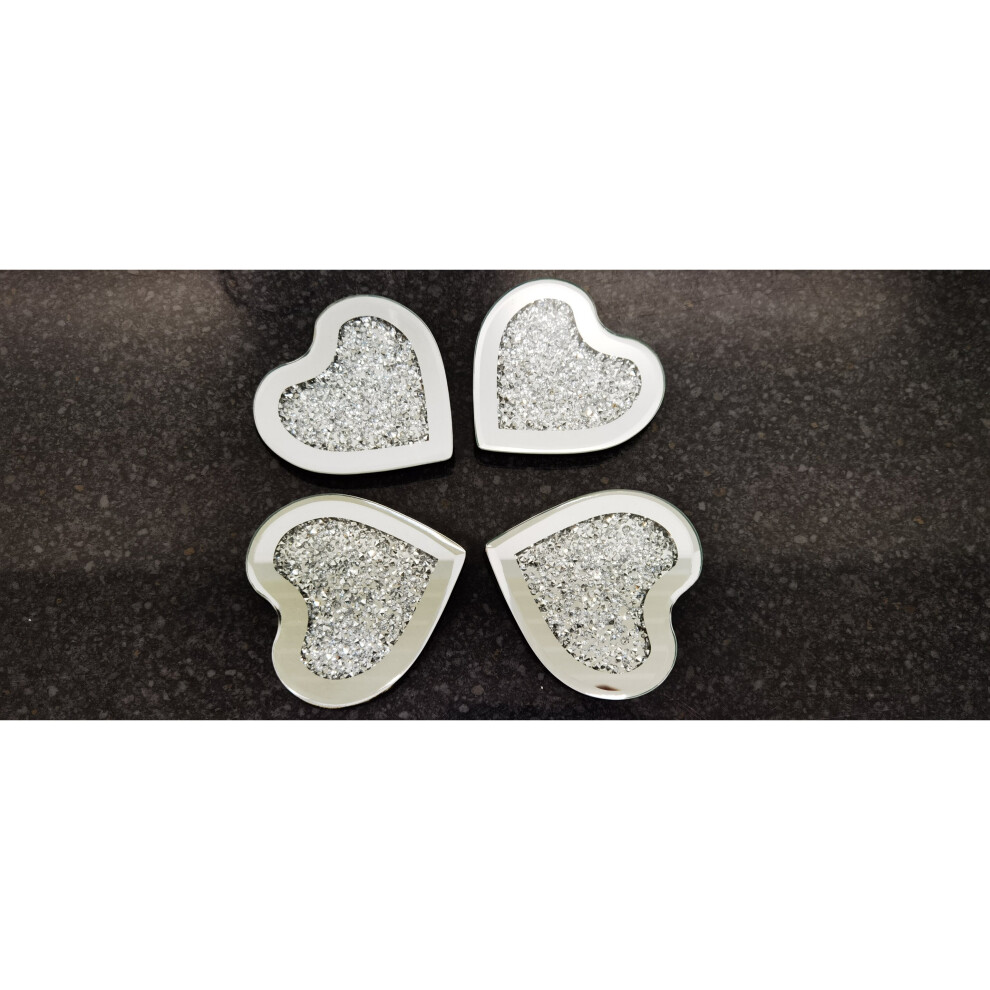 New heart shaped coaster set of 4 mirror full crushed jewel diamante