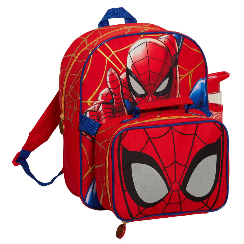 (One Size) Spiderman Backpack With Cool Lunch Bag Water Bottle School Matching 3 Piece Set