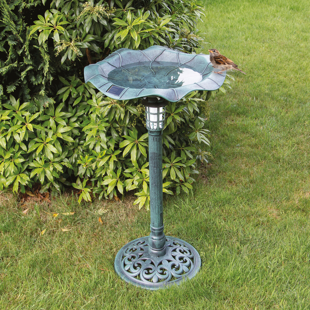 GardenKraft 17430 Bird Bath With Solar Powered Light & Verdigris Effect