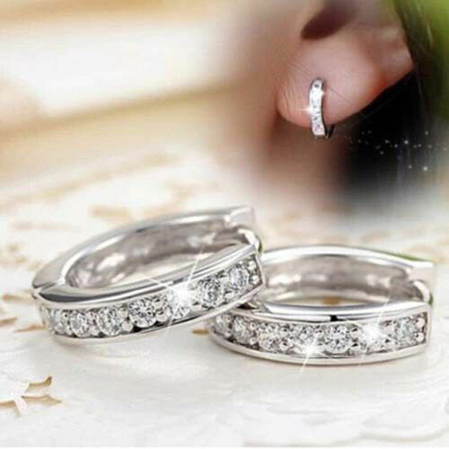 ERP Charm Crystal 925 Sterling Silver Hoop Earrings for Women 13mm Dia 2.2mm Thick 5g Each White Gemstone Bling Jewelry