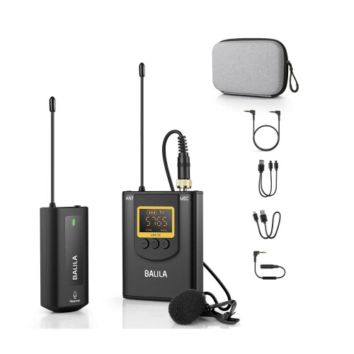 Wireless Lavalier Microphone for iPhone Android Smartphone Camera UHF Rechargeable Wireless Lapel Mic System with 1 Transmitters 1 Receiver for Reco