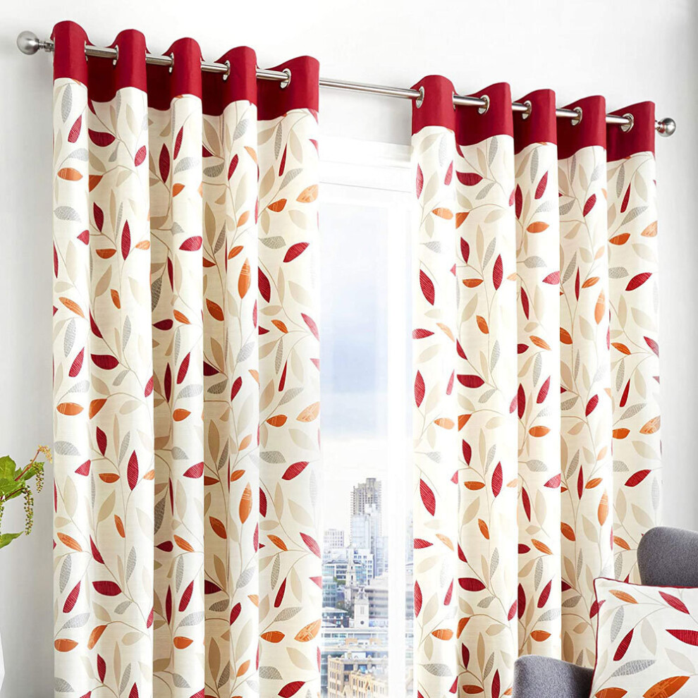(Red, 66 x 54 Inch) Fusion Beechwood Leaf Trail 100% Cotton Eyelet Lined Curtains