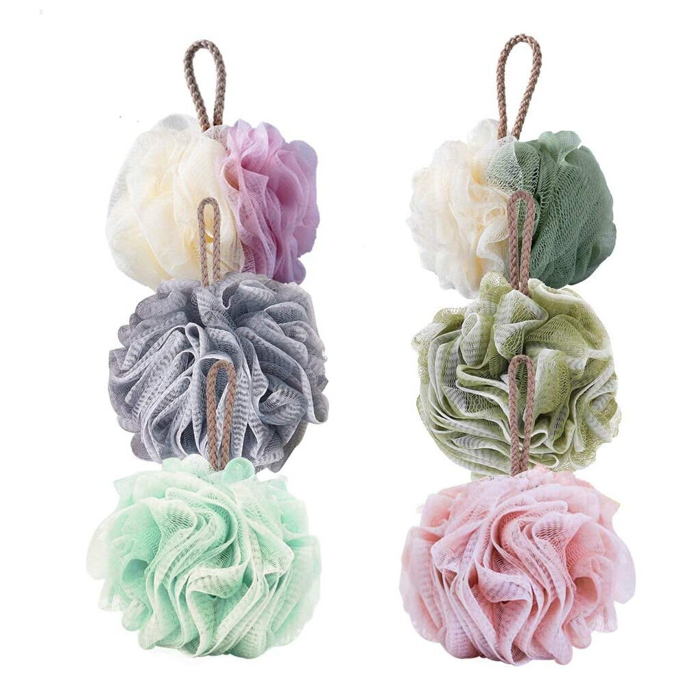 Bath Shower Sponge Loofahs, Body Scrubber Mesh Pouf Ball, Exfoliate, Cleanse, Soothe Skin, 6 Pack