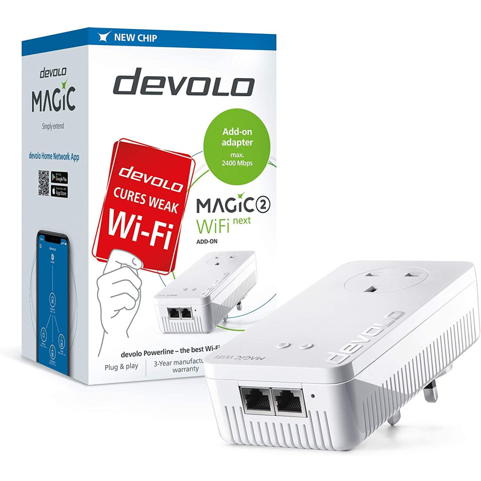 Devolo Magic 2Â2400 Wi-Fi Next Add-On Powerline Adapter, Mesh Wi-Fi, 4K/ 8K Uhd Streaming And Stable Home Working (Up To 2400 Mbps Powerline, 2X Gb 4250059687233