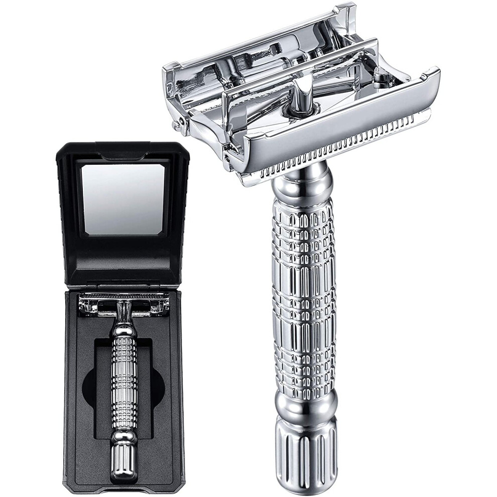 BAILI Classic Old Fashioned Butterfly Metal Double Edge Screw Open Safety Plastic Free Traditional Razor Shaver Kit for Men's Women with Mirrored