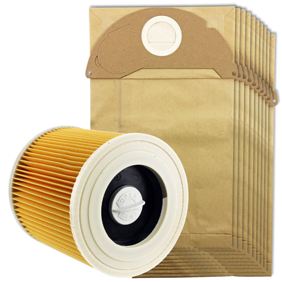 SPARES2GO Hoover Filter Bags Set for KARCHER IPX4 MV2 WD2 Wet & Dry Vacuum (Pack of 10 Dust Bags ,1 x Filter))